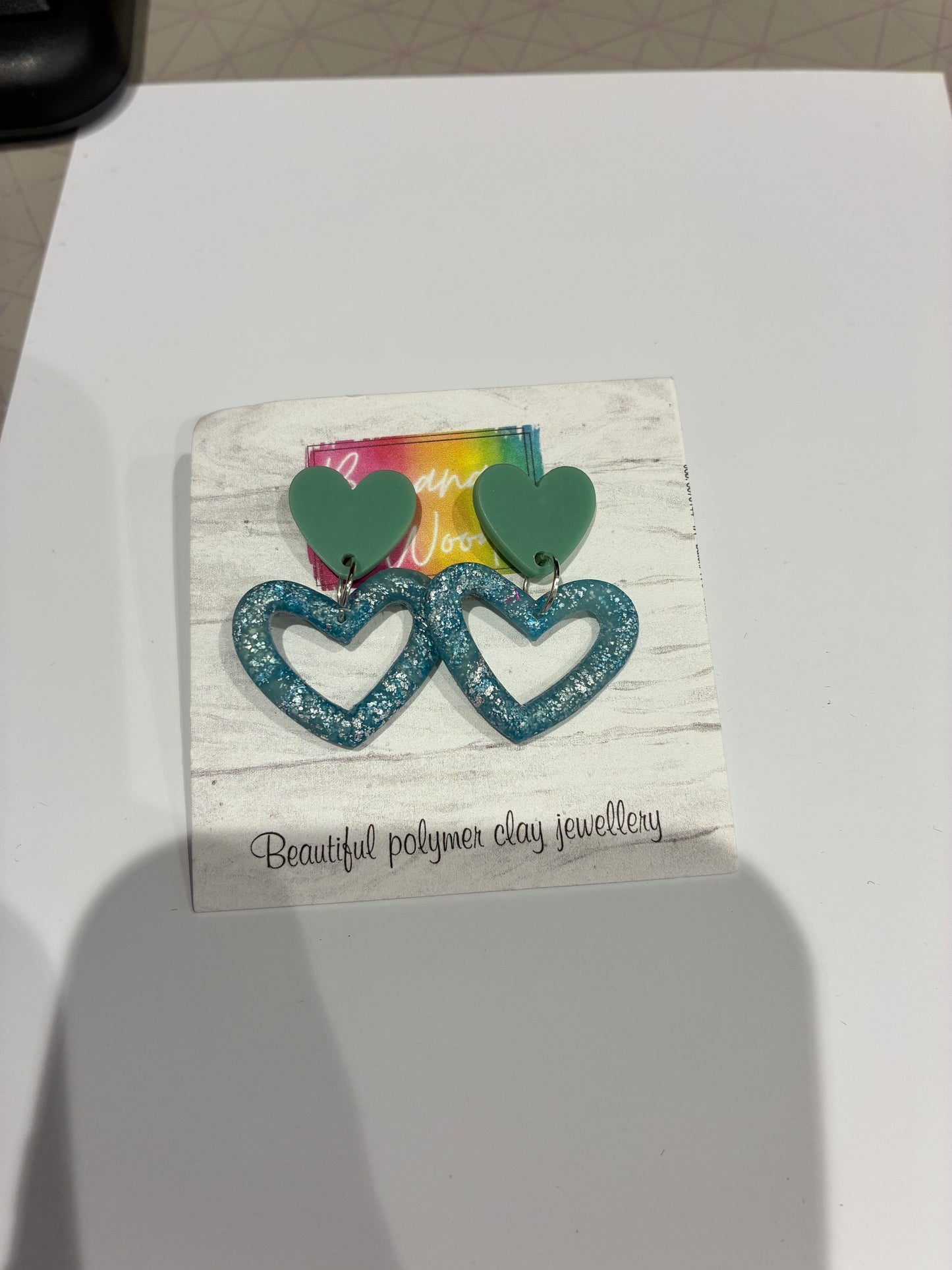 Teal hearts Unique handmade polymer clay earrings