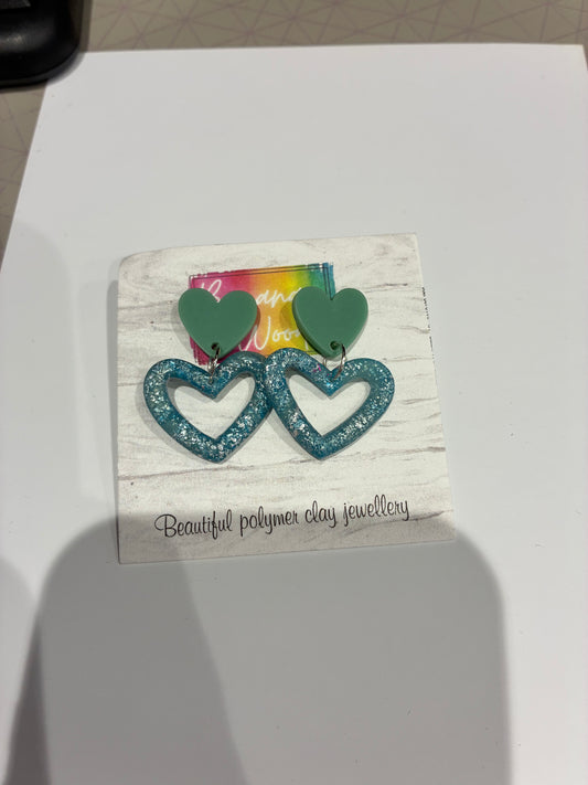 Teal hearts Unique handmade polymer clay earrings