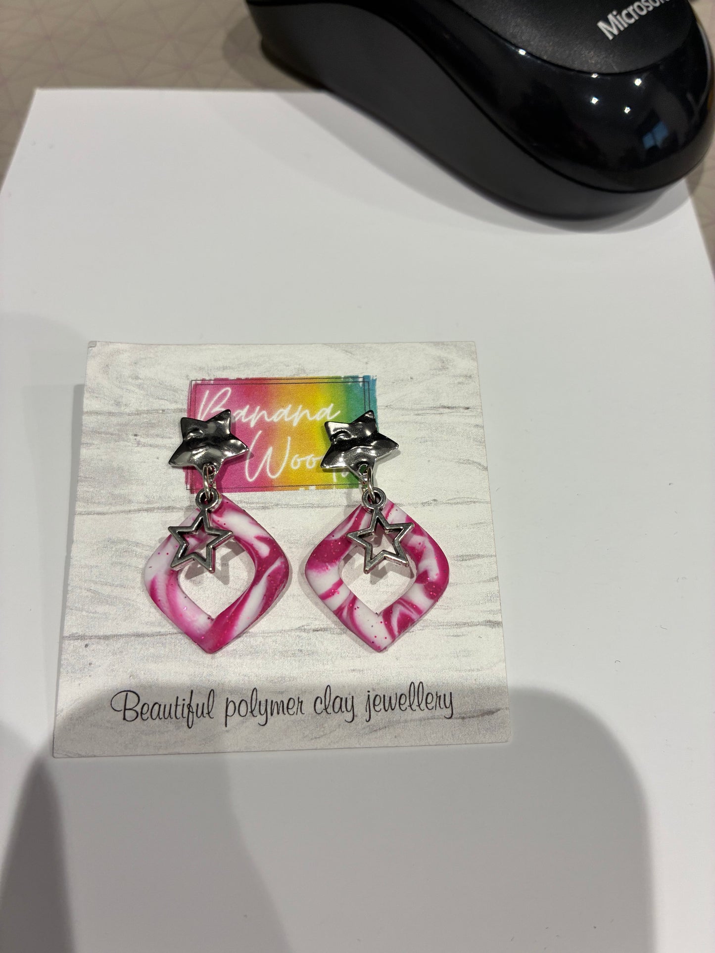 Pink and white drops Unique handmade polymer clay earrings