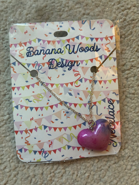 Pink and purple heart Resin pendant necklace