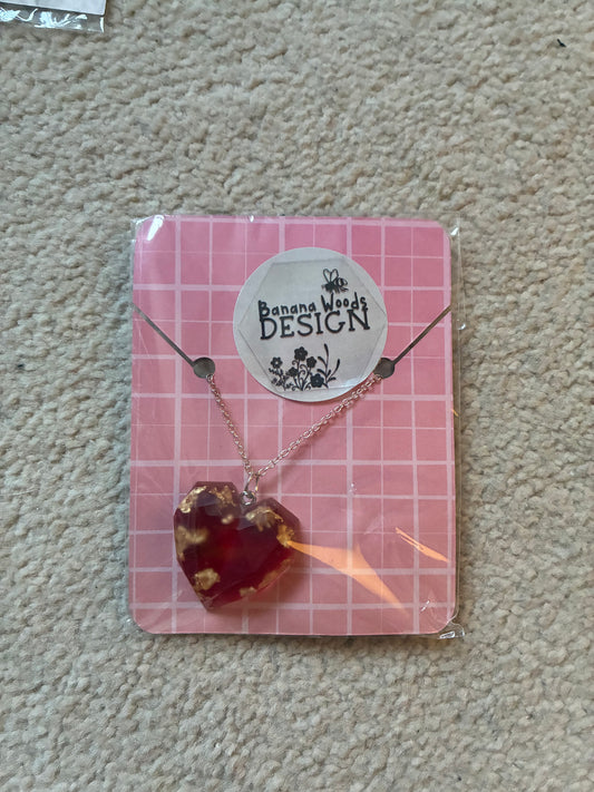 Red and gold heart Resin pendant necklace