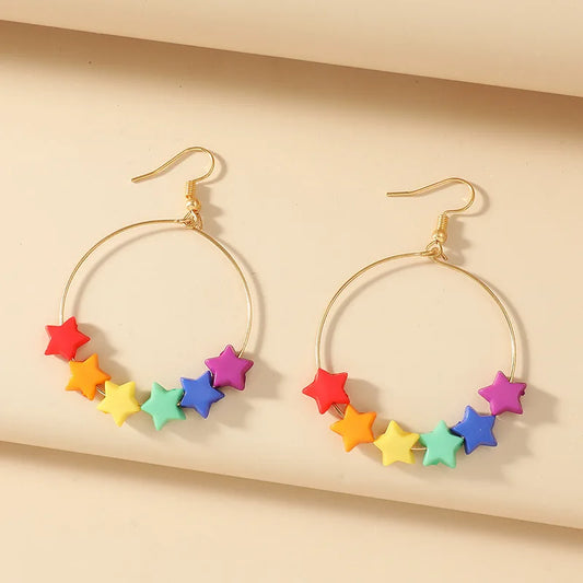 Rainbow Stars On Hoops Earrings