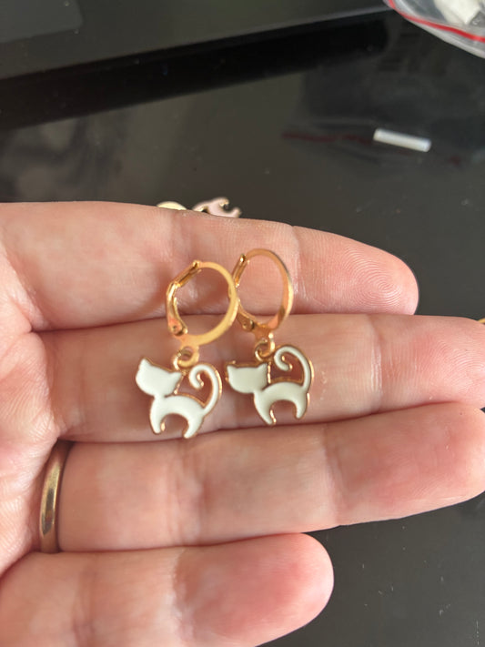 White Cat Enamel Earrings