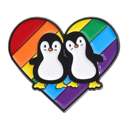 Rainbow heart penguins pin badge