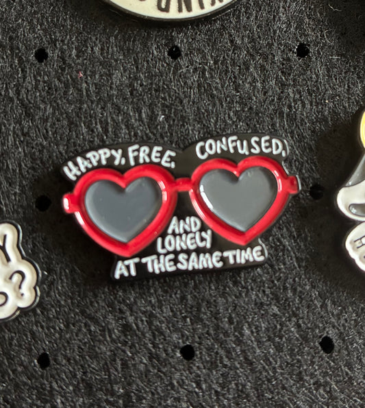 Happy free confused pin badge
