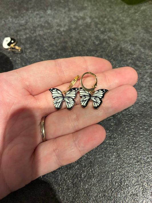 Black and White Butterfly Hoop Enamel earrings