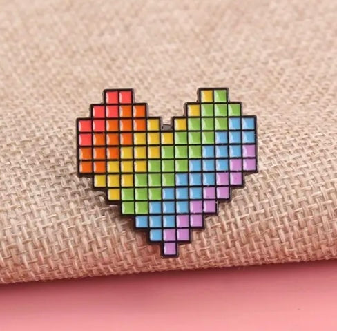 Pixelated rainbow heart pin badge