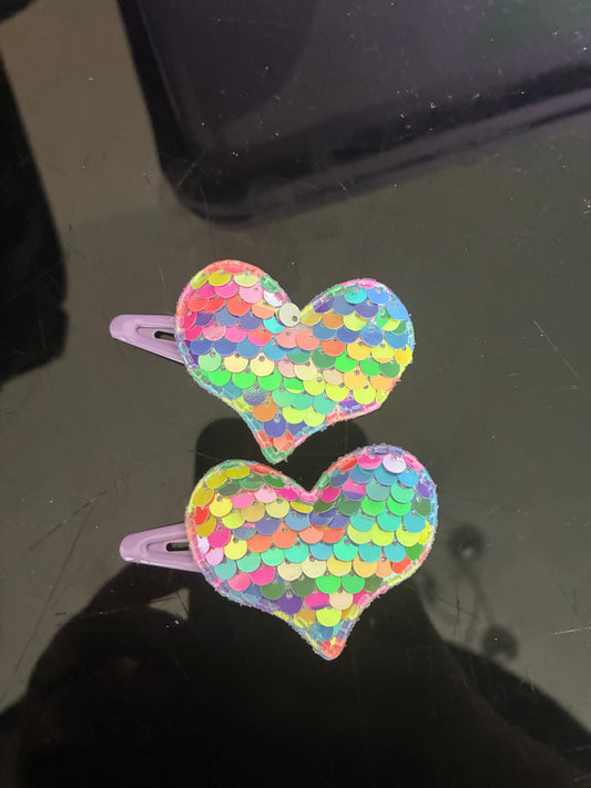 Heart Rainbow Sequin Hair Clips x2 pack