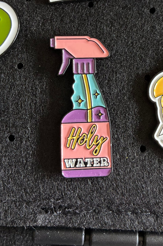 Holy water pin badge
