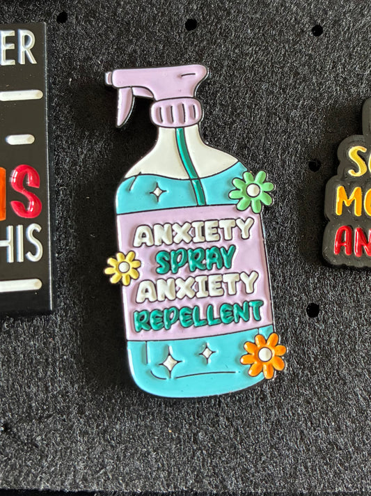 Anxiety spray pin badge