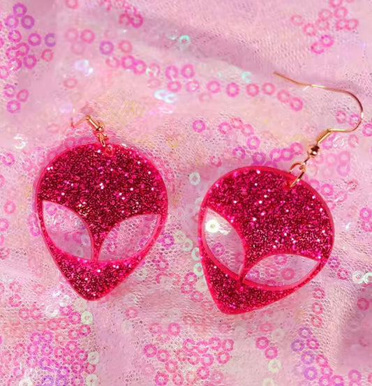 Glittery Pink Alien Earrings