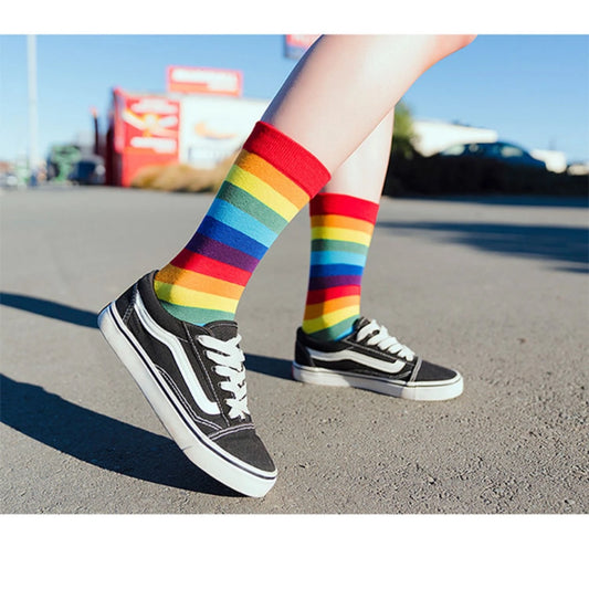 Cotton Rainbow Socks Women's Spring Colorful Striped Print