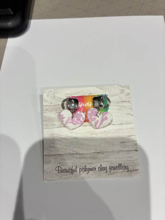 Pink and white hearts- Unique handmade polymer clay earrings