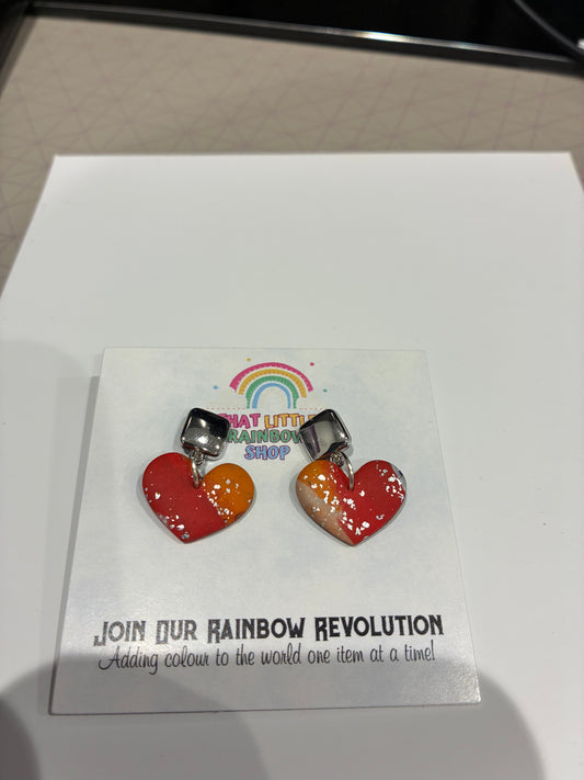 Red and orange hearts Unique handmade polymer clay earrings