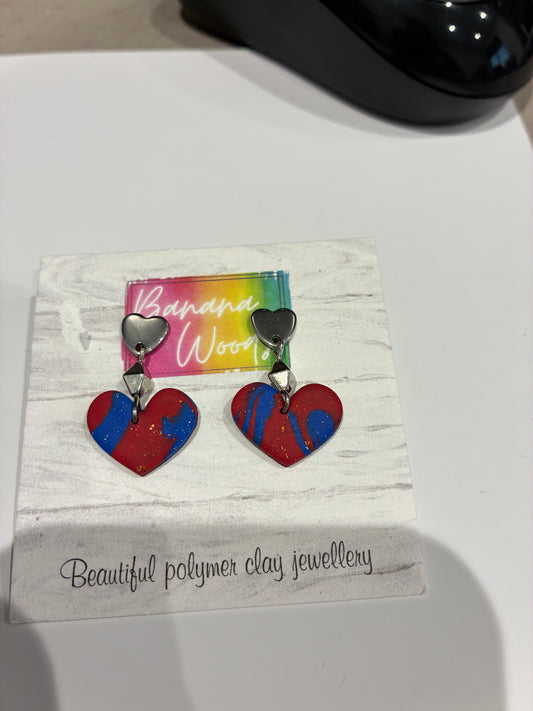 Red blue hearts Unique handmade polymer clay earrings