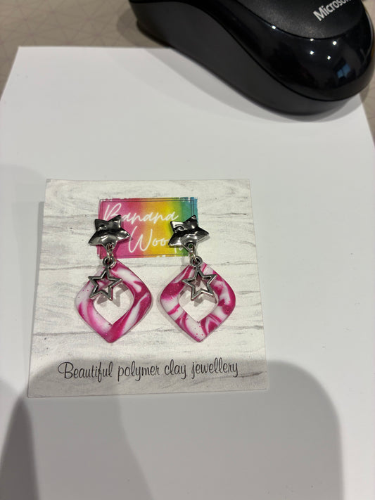 Pink and white drops Unique handmade polymer clay earrings