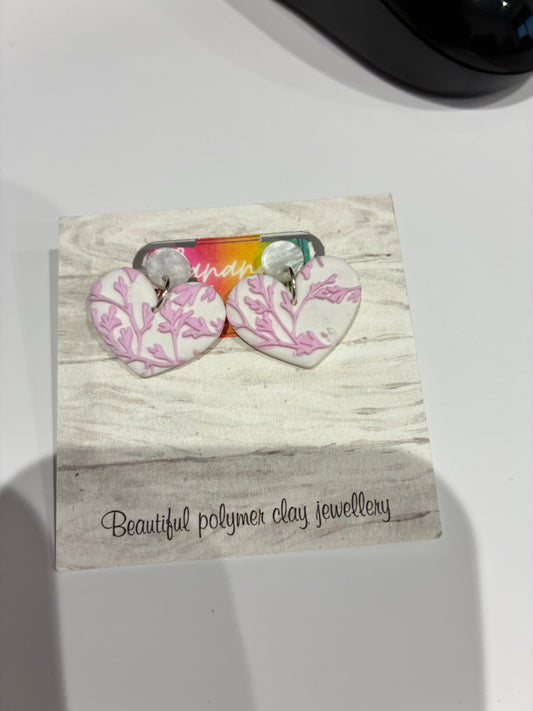 White and pink floral hearts Unique handmade polymer clay earrings