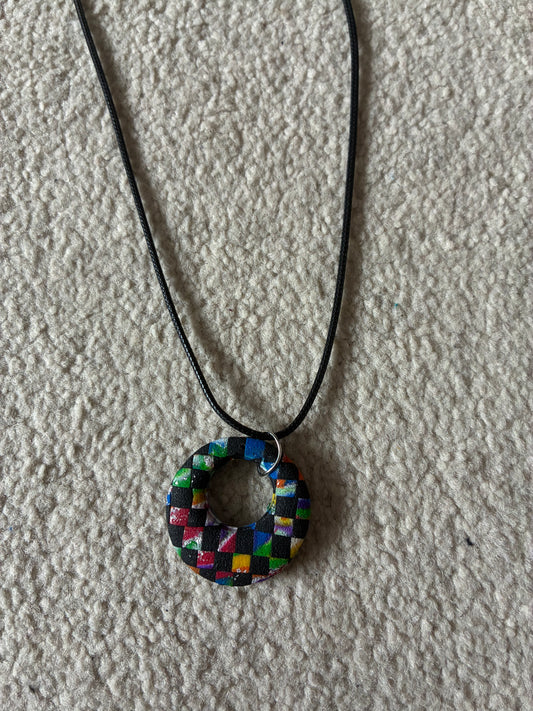 Black checked donut Unique handmade polymer clay necklace