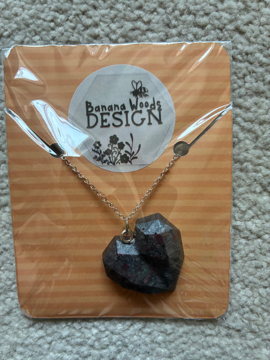 Grey/silver heart Resin pendant necklace
