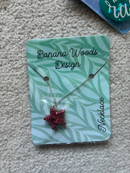 Pink glittery star Resin pendant necklace