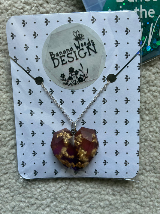 Gold flake heart Resin pendant necklace