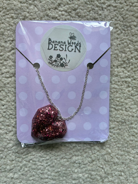 Pink glittery chunky heart Resin pendant necklace