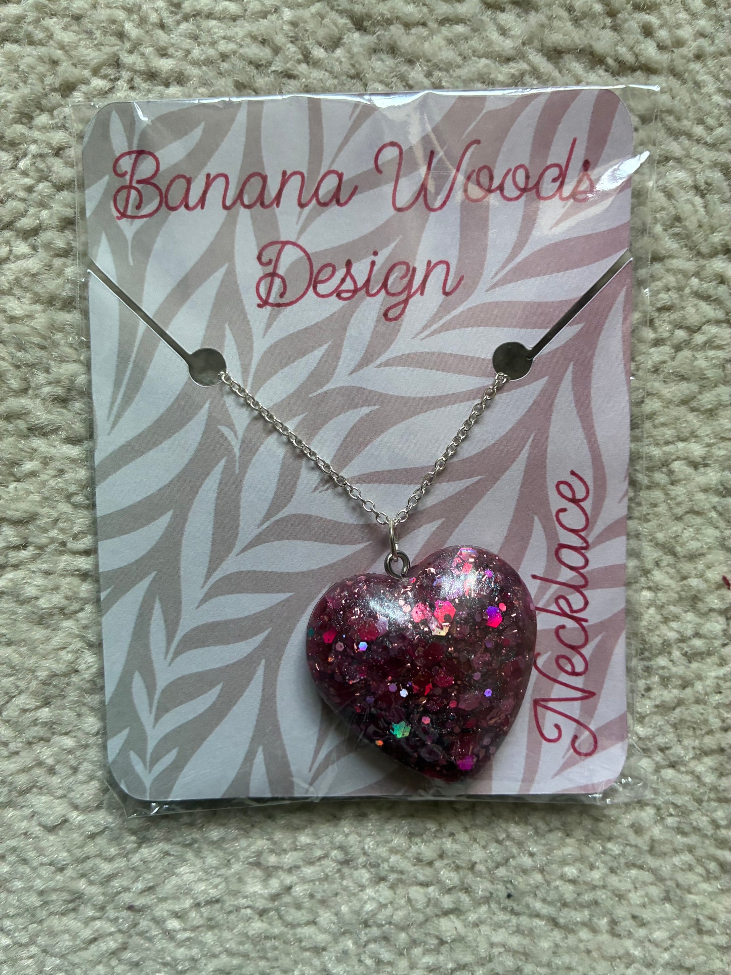 Pink glittery heart Resin pendant necklace