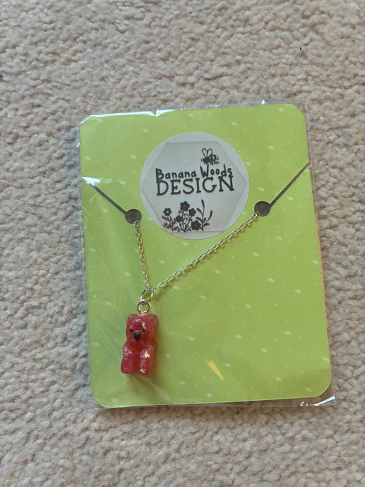 Pink bear Resin pendant necklace
