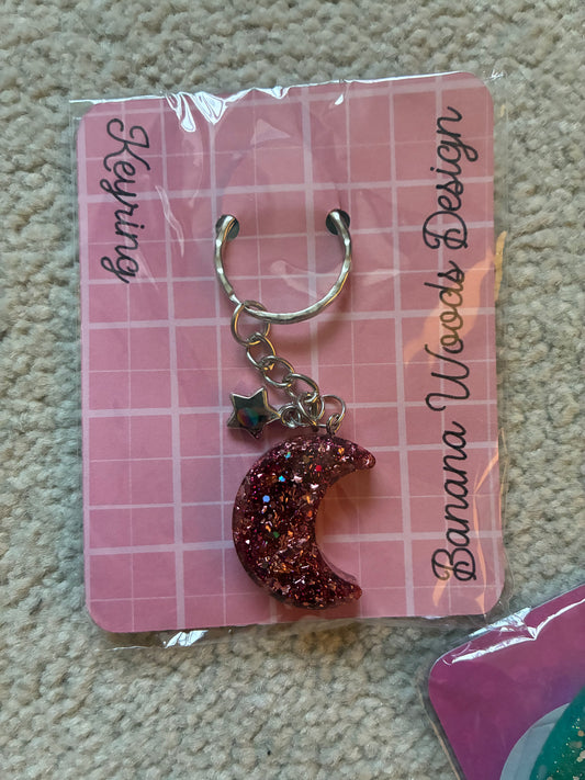 Pink glitter moon Resin keyring