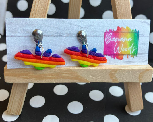 Rainbow stripe bat earrings- handmade polymer clay