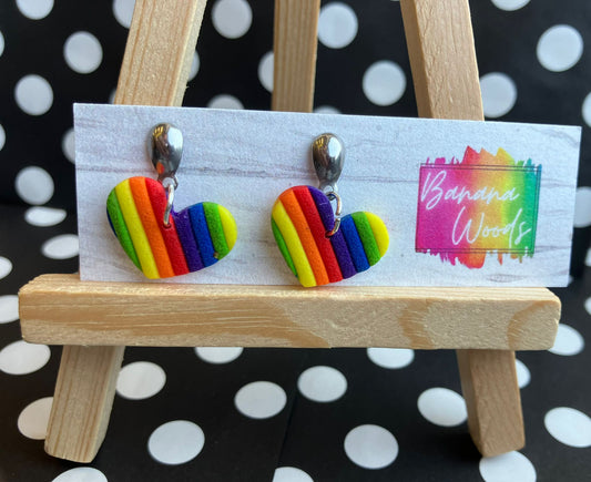 Rainbow stripe heart earrings- handmade polymer clay