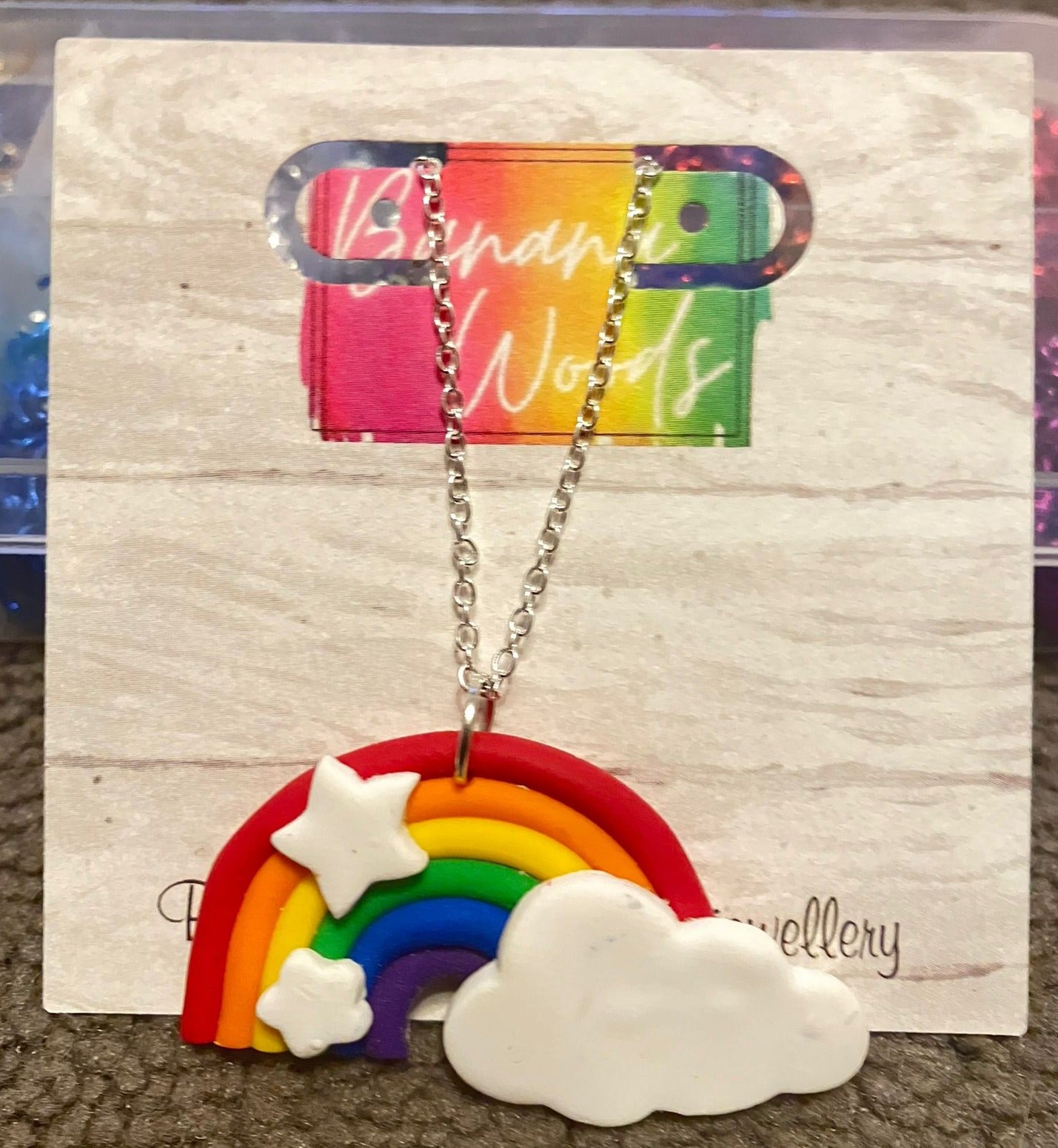 Rainbow with clouds and stars- polymer clay pendant necklace