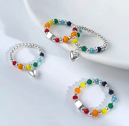 Rainbow Beaded Ring Heart or Square