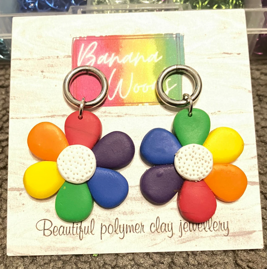 Handmade Polymer Clay Rainbow flower earrings on circle hoop studs