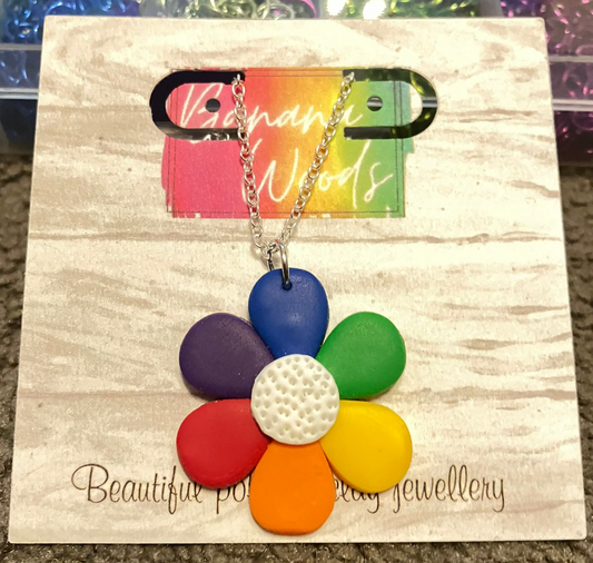 Handmade Polymer Clay Rainbow Flower Pendant Necklace