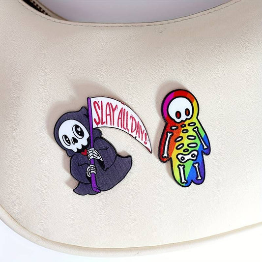 Grim Reaper and Rainbow Skeleton pin badges x2 set